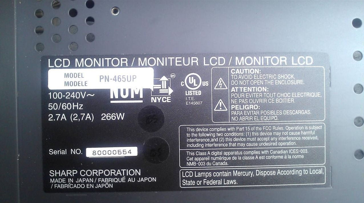 SHARP 46" LCD TELEVISION MONITOR PN 465-UP