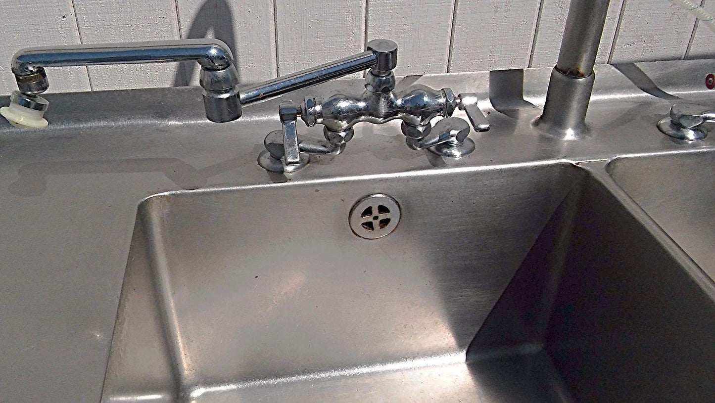 RARE 2 BOWL DRAWERS FAUCET s HEAVY GAUGE STEEL COMMERCIAL SINK 115w x 33d & RACK