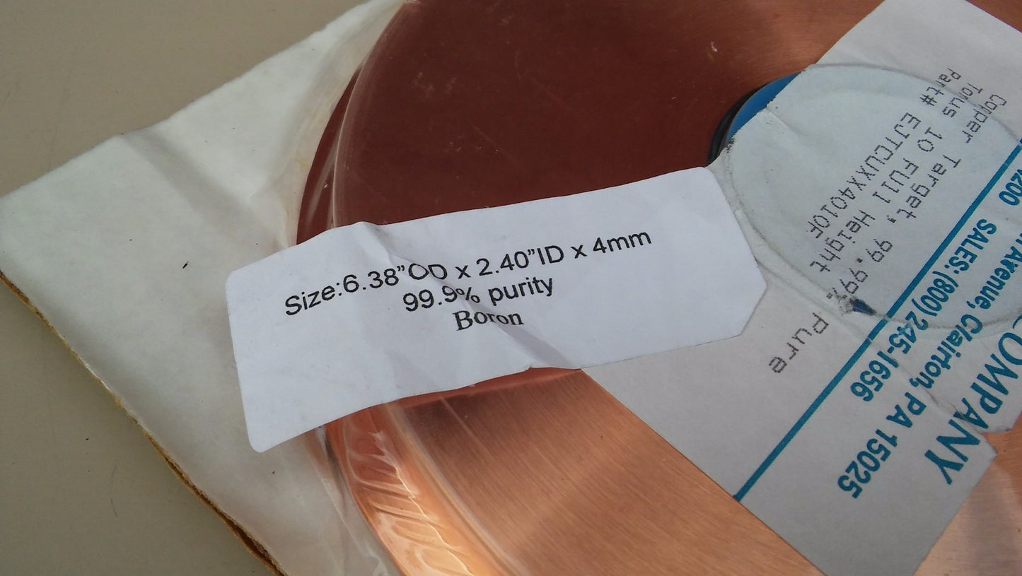 BRAND NEW KURT J LESKER COPPER TARGET SPUTTERING 6:38" x 2.40" ID x 4mm BOROM