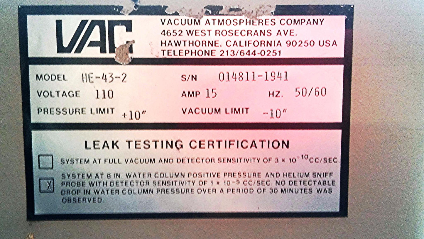 VAC Vacuum Atmospheres GLOVE BOX Dri-LAB with HE-493 HE-43-2 & HE-63-P FREE SHIP