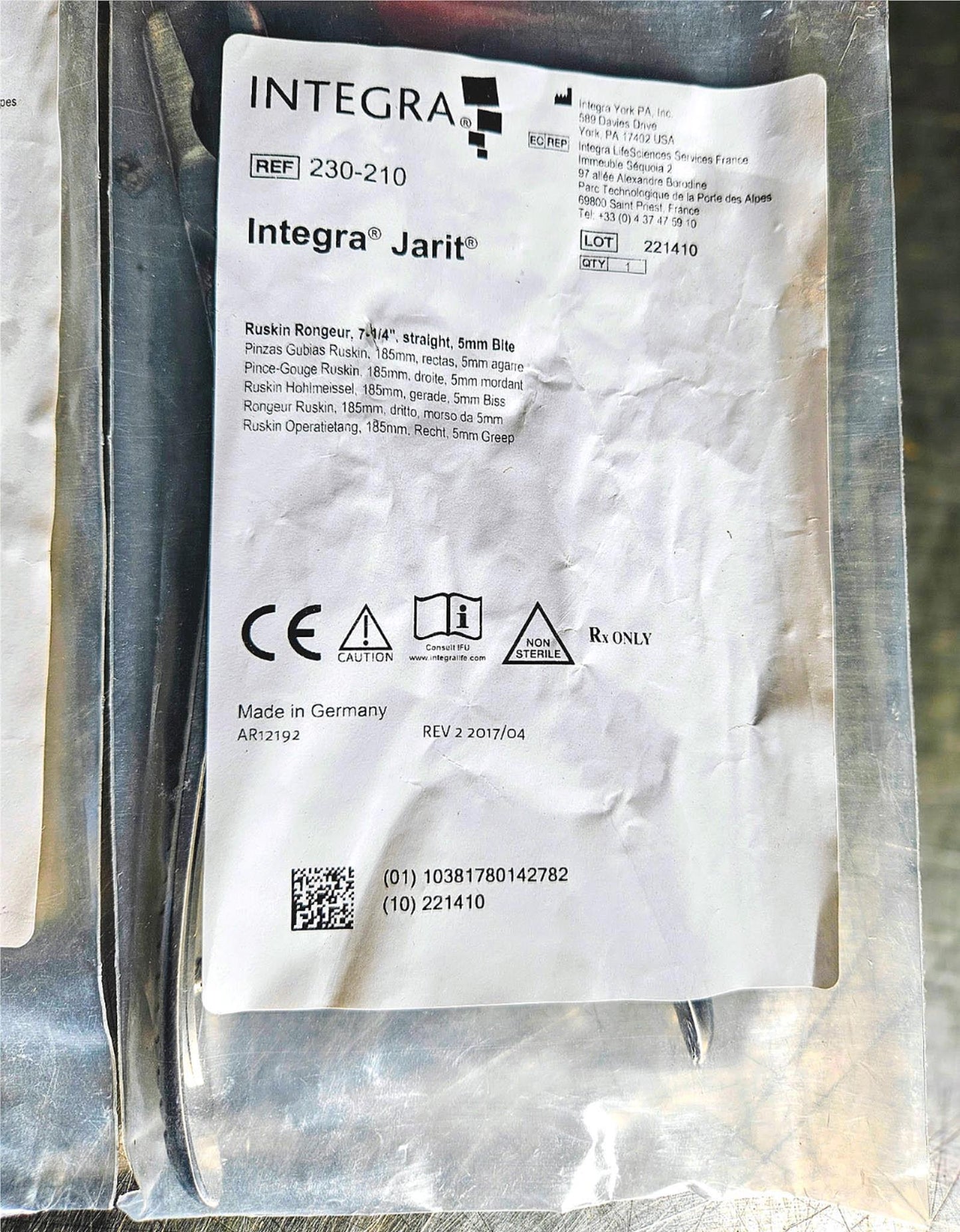 1 NEW RUSKIN RONGEUR 7-1/4 (185mm) STRAIGHT 5mm BITE DOUBLE ACTION INTEGRA JARIT