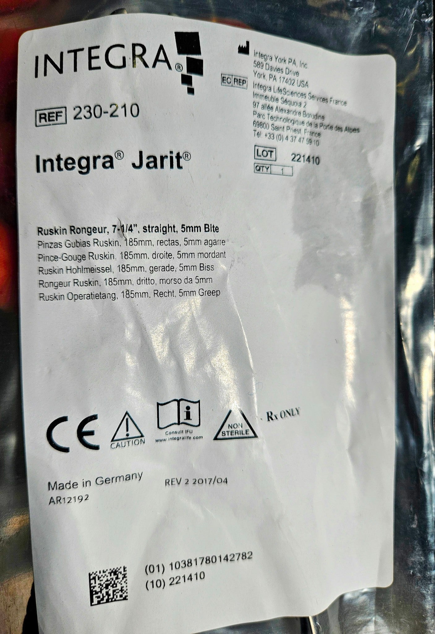 1 NEW RUSKIN RONGEUR 7-1/4 (185mm) STRAIGHT 5mm BITE DOUBLE ACTION INTEGRA JARIT