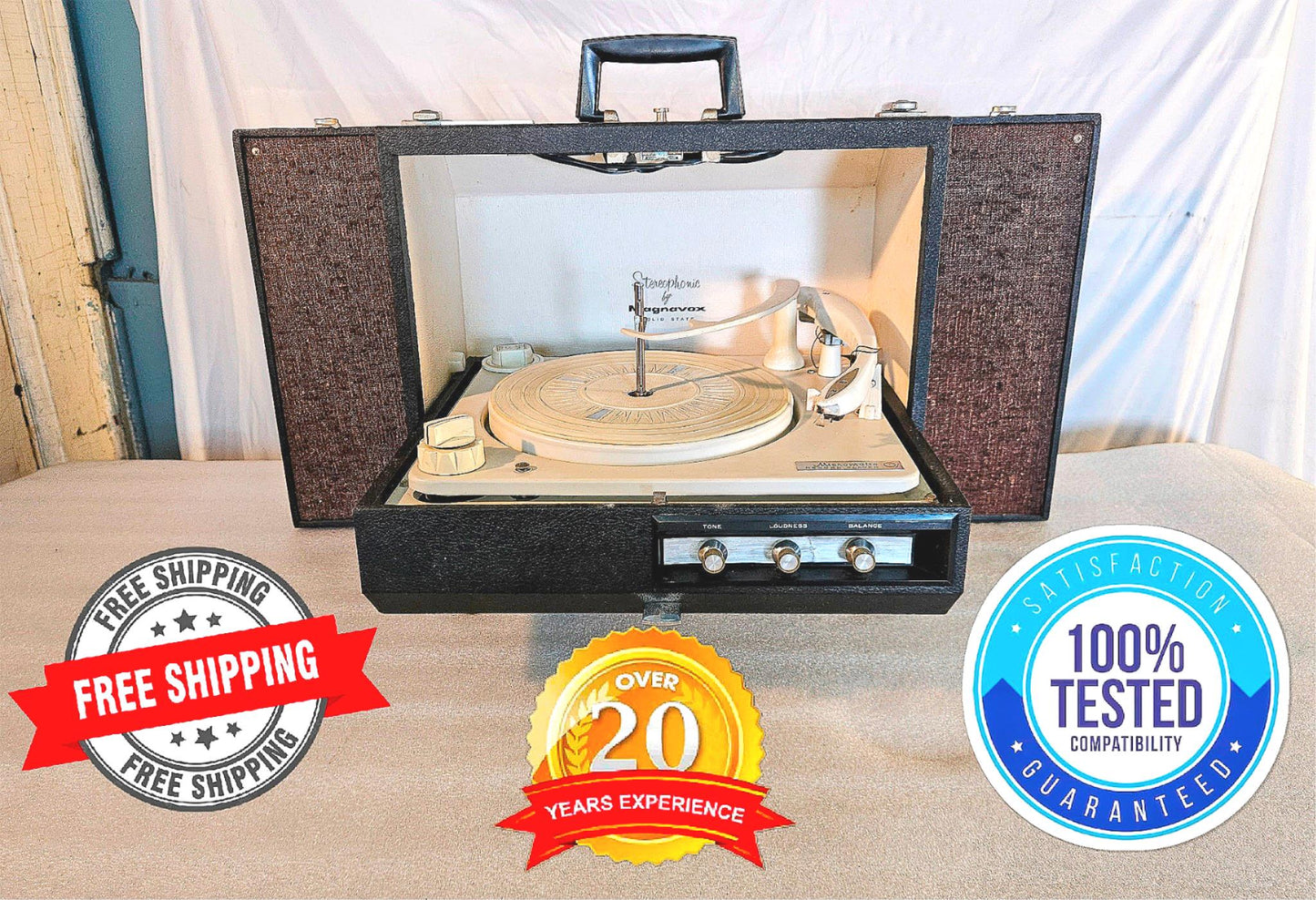 100% MAGNAVOX STEREOPHONIC MICROMATIC PORTABL TURNTABLE RECORD PLAYER WATCHVIDEO
