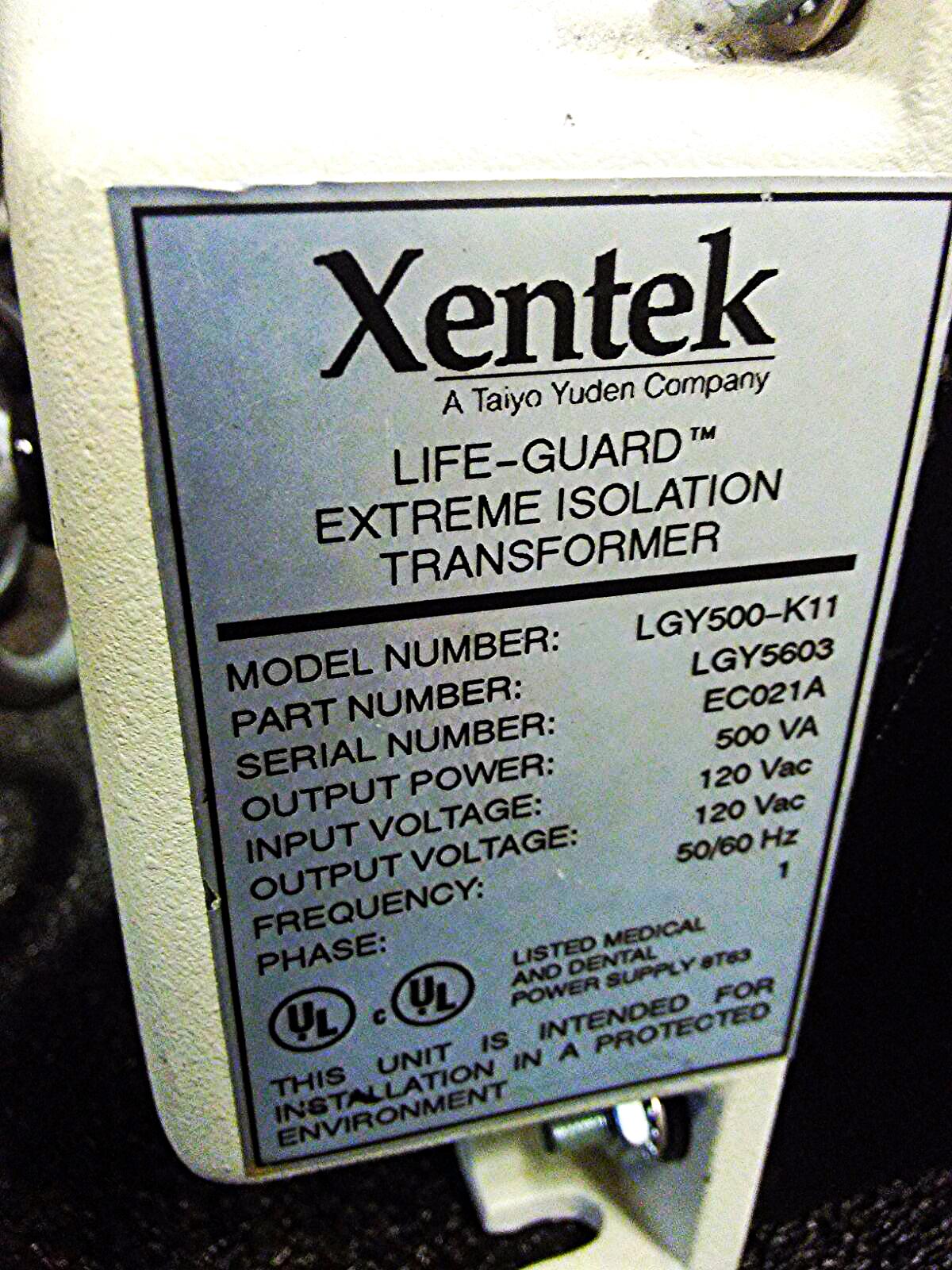 XENTEK TAIYO YUDEN LIFE-GUARD 500 VAC EXTREME ISOLATION TRANSFORMER LGY500-K11