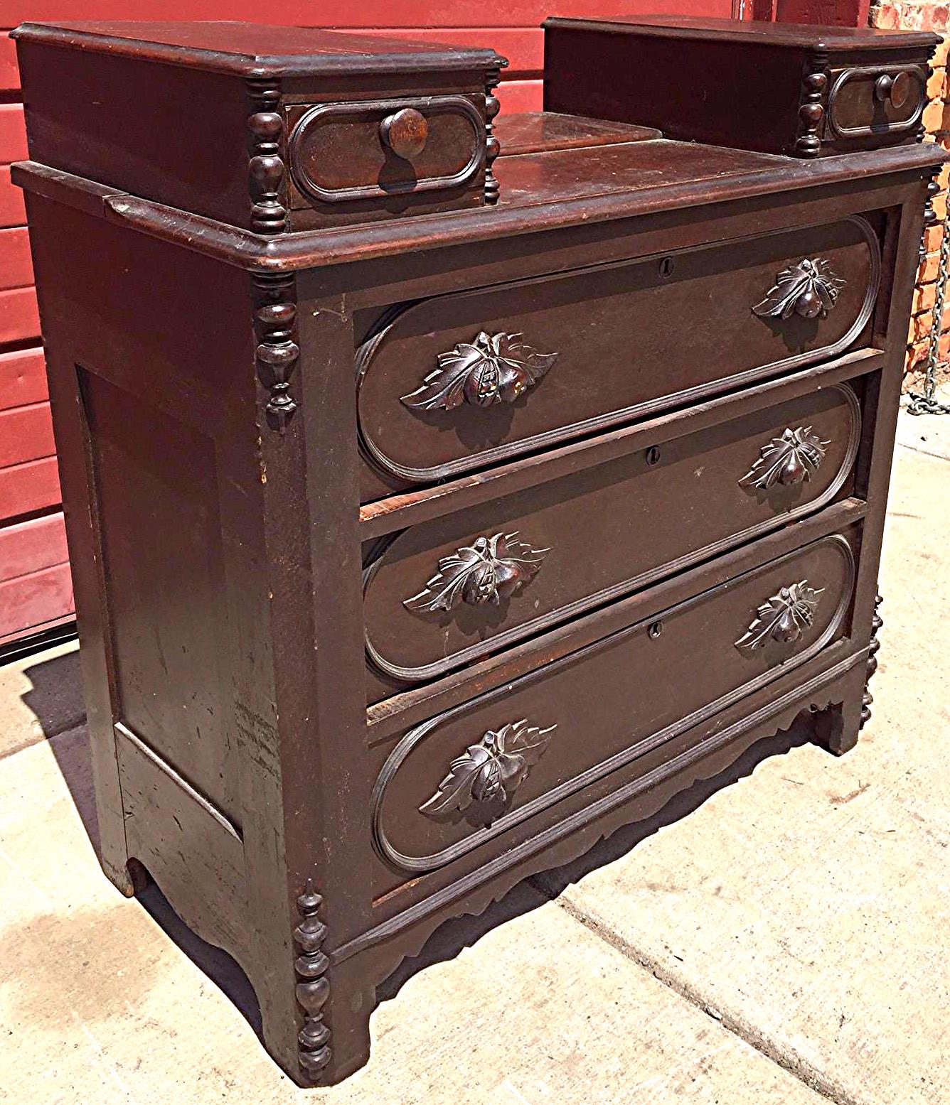 1900s VINTAGE OAK MAHOGANY CHEST OF 5 DRAWERS 38"x38" x 17" ENGRAVING FREESHIP