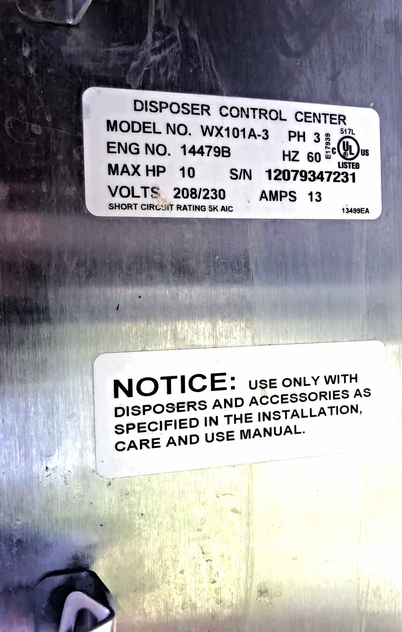 WASTE XPRESS INSINKERATOR DISPOSAL CONTROL CENTER WX101A-3 FOOD REDUCTION SYSTEM