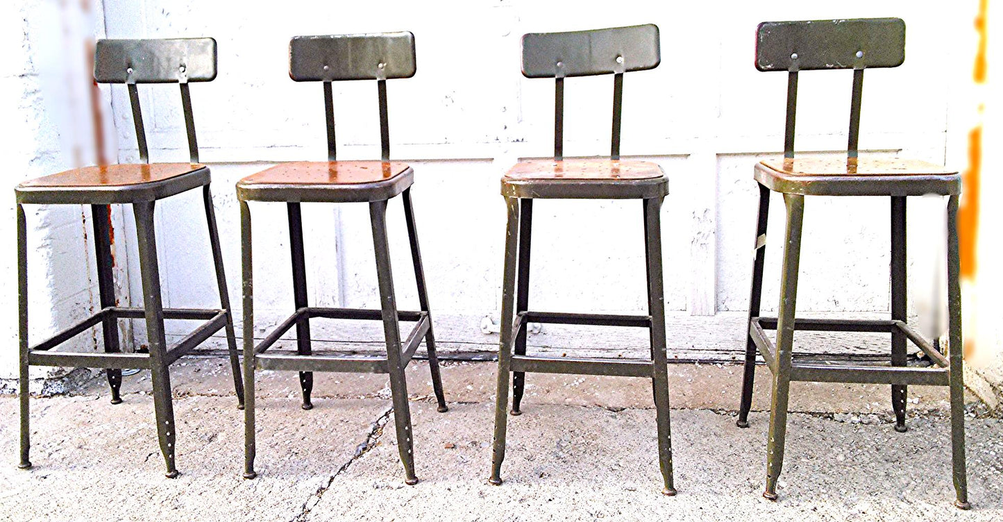 VINTAGE GREEN LYON STOOL PRESSED DOVE GRAY WOOD OVER STEEL SEAT ADJUSTABLE BACK