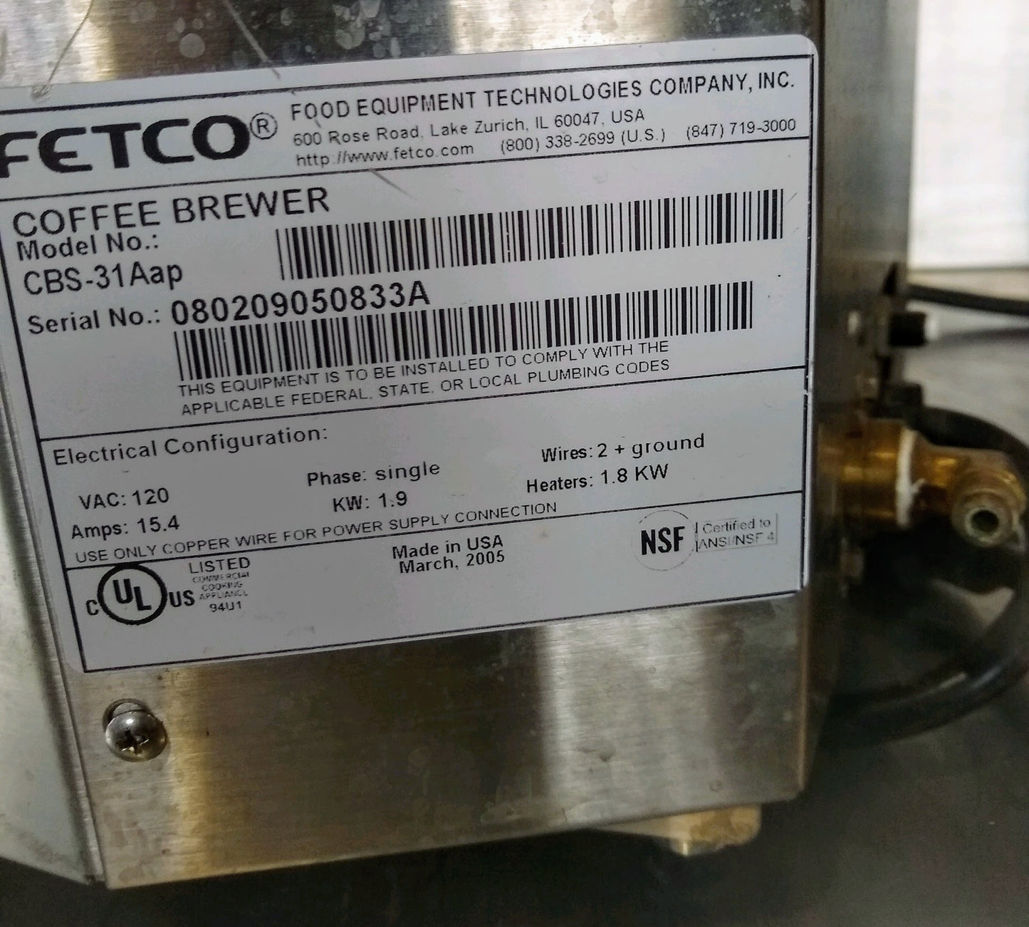 FETCO CBS-31Aap Single 1.7 Gallon Coffee Brewer 120V/1Phase 90DayWarran FREESHIP