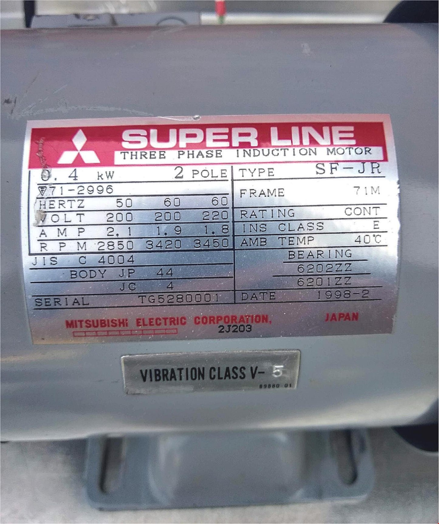 MITSUBISHI SUPER LINE 3 PHASE 0.4KW 1/2HP 2 POLE TYPE SF-JR MOTOR FREE SHIPPING