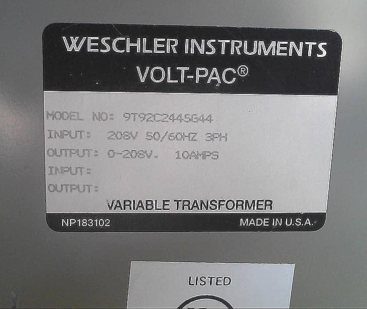 WESCHLER INSTRUMENTS VOLT-PAC 9T92C2445G44 VARIABLE TRANSFORMER NP183102