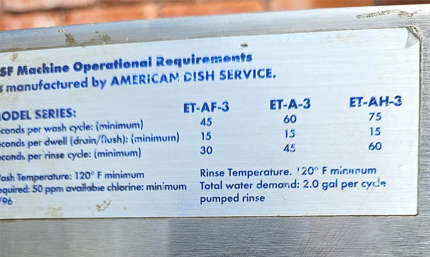 100% ADS AMERICANDISHSERVICE ET-AF-3 COMMERCIAL SPACESAVER DISHWASHER WATCHVIDEO