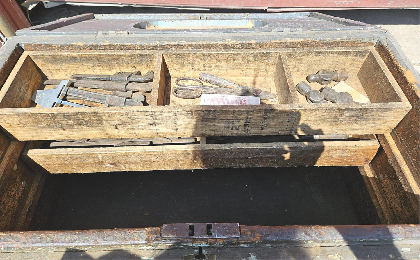 VINTAGE CARPENTER 35.5" Wide X 24" Deep WOOD STORAGE TRUNK with TOOLS FREE SHIP