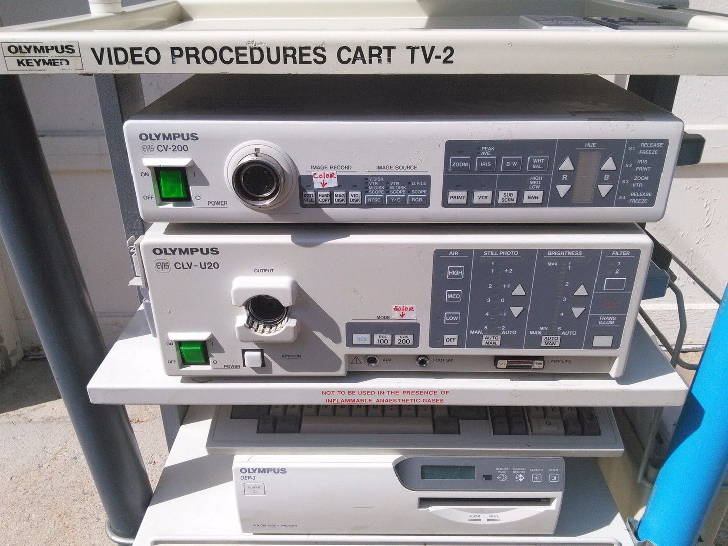 OLYMPUS CLV-U20 LIGHT SOURCE CV-200 VIDEO ENDOSCOPY OEP-3 PRINTER & KEYMED CART