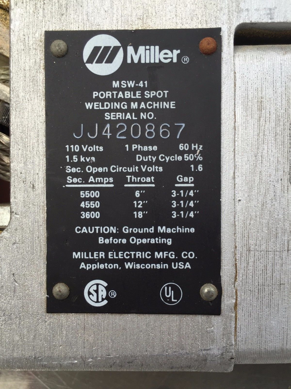 MILLER MSW-41 SPOT WELDER WELDING TONGS WELD 115 VOLTS PERFECT WORKING CONDITION