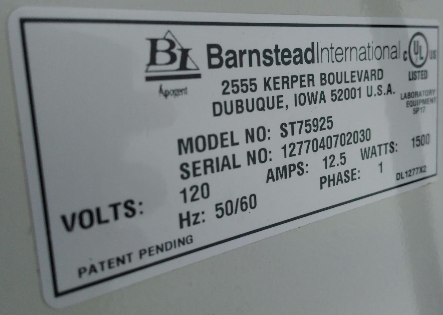 BARNSTEAD INTERNATIONAL HARVEY STERILEMAX ST75925 AUTOCLAVE STERILIZER GUARANTEE