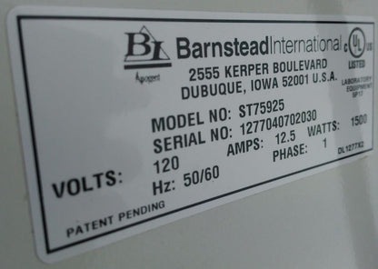 BARNSTEAD INTERNATIONAL HARVEY STERILEMAX ST75925 AUTOCLAVE STERILIZER GUARANTEE