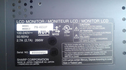 SHARP 46" LCD TELEVISION MONITOR PN 465-UP