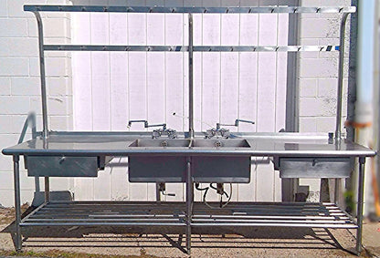 RARE 2 BOWL DRAWERS FAUCET s HEAVY GAUGE STEEL COMMERCIAL SINK 115w x 33d & RACK