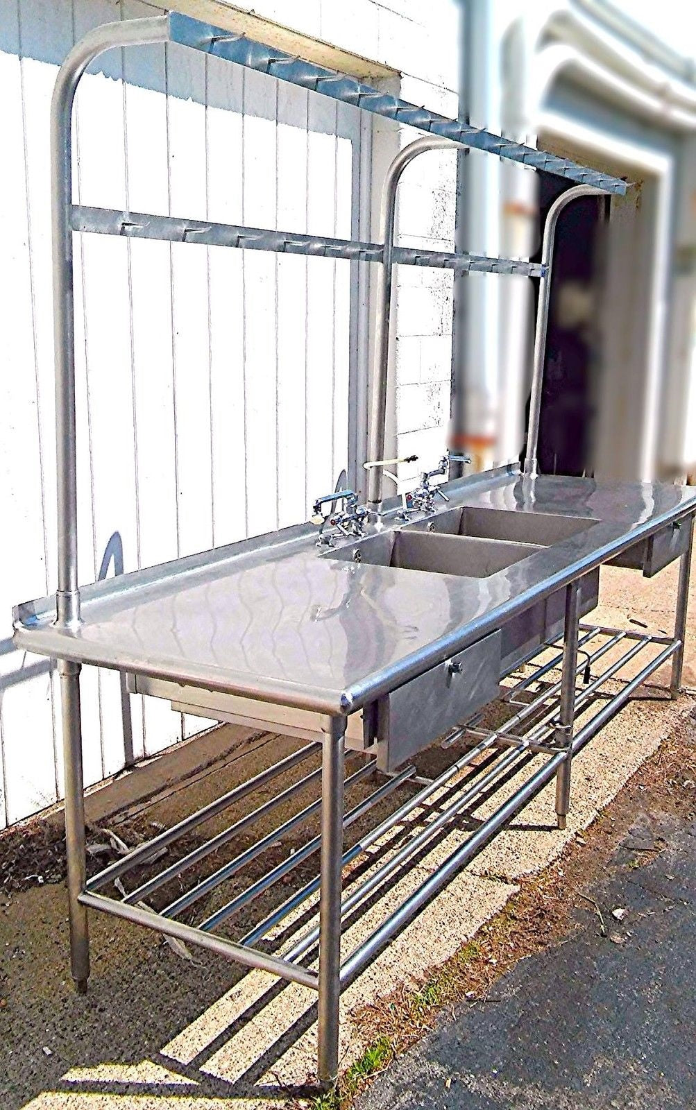 RARE 2 BOWL DRAWERS FAUCET s HEAVY GAUGE STEEL COMMERCIAL SINK 115w x 33d & RACK