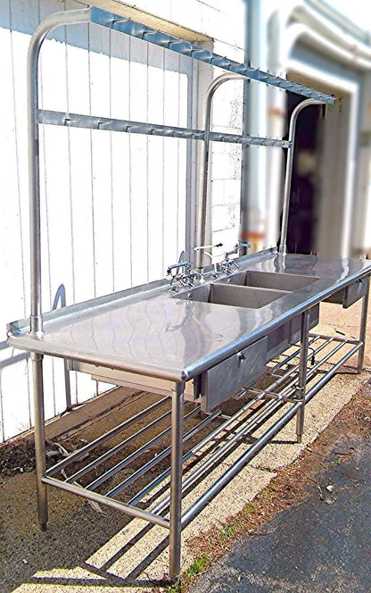 RARE 2 BOWL DRAWERS FAUCET s HEAVY GAUGE STEEL COMMERCIAL SINK 115w x 33d & RACK