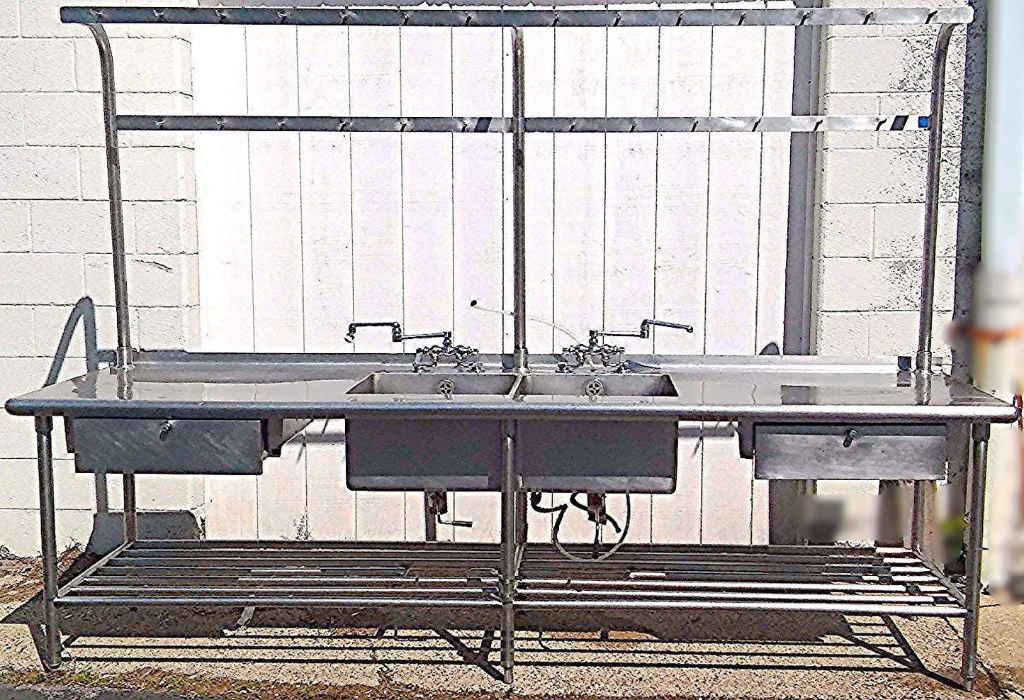 RARE 2 BOWL DRAWERS FAUCET s HEAVY GAUGE STEEL COMMERCIAL SINK 115w x 33d & RACK