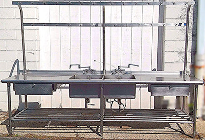 RARE 2 BOWL DRAWERS FAUCET s HEAVY GAUGE STEEL COMMERCIAL SINK 115w x 33d & RACK