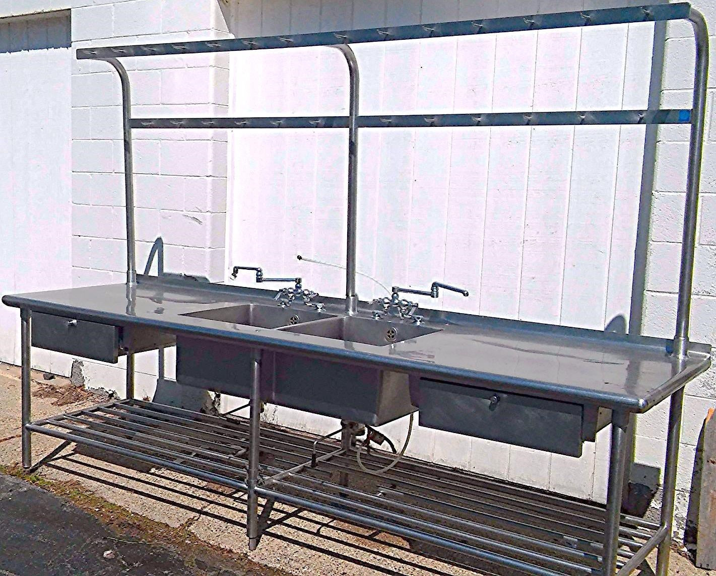 RARE 2 BOWL DRAWERS FAUCET s HEAVY GAUGE STEEL COMMERCIAL SINK 115w x 33d & RACK