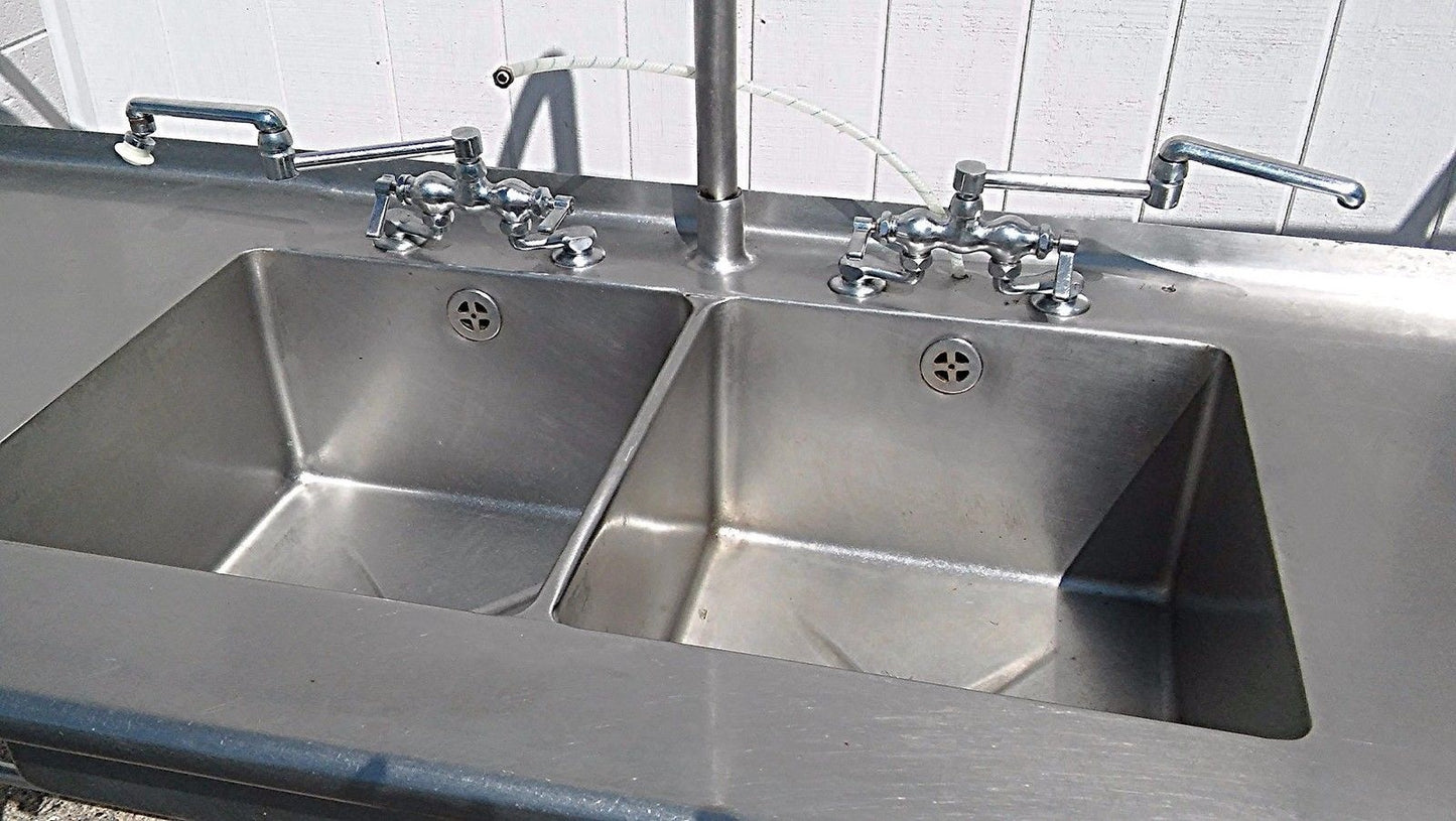 RARE 2 BOWL DRAWERS FAUCET s HEAVY GAUGE STEEL COMMERCIAL SINK 115w x 33d & RACK