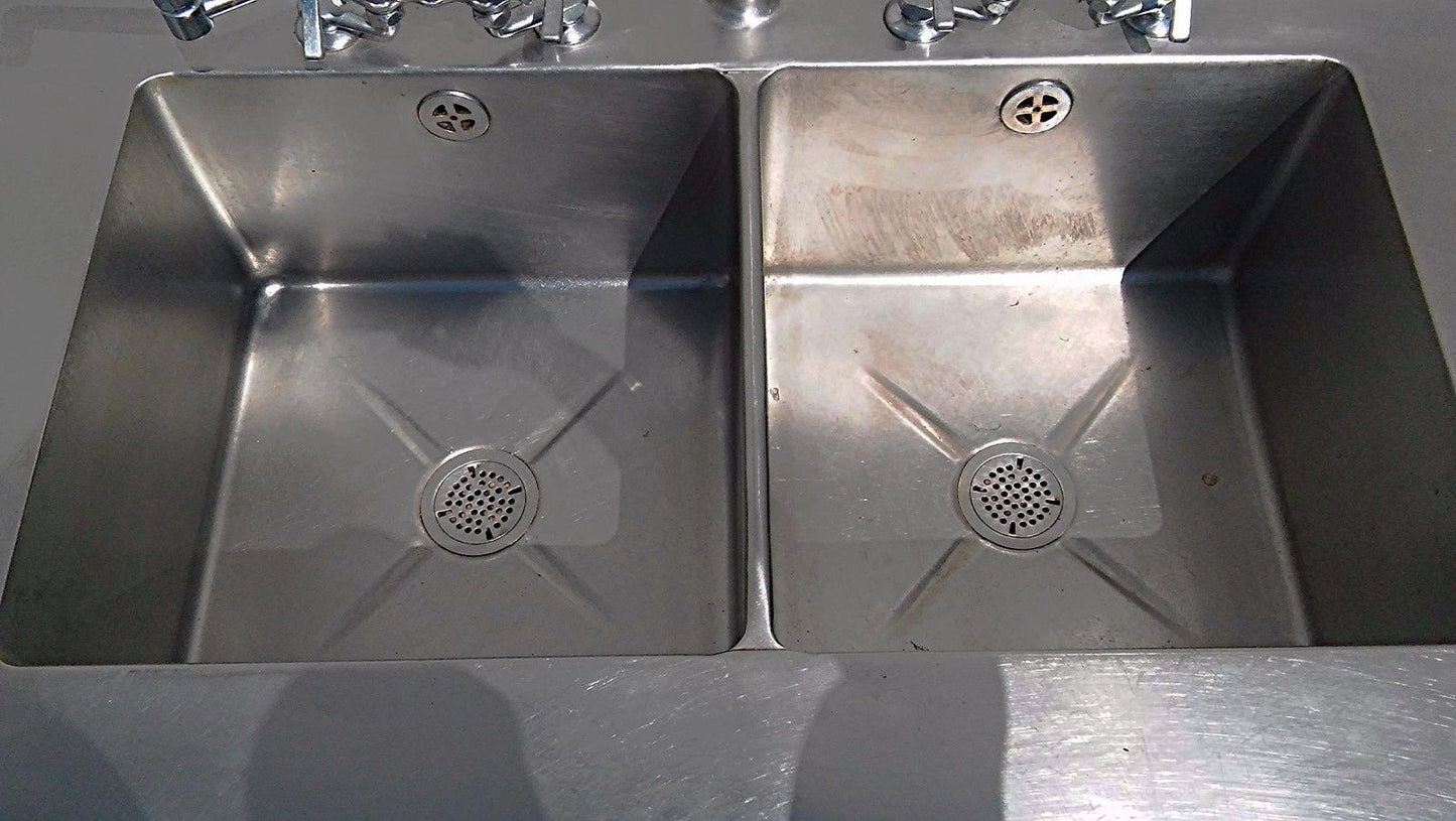 RARE 2 BOWL DRAWERS FAUCET s HEAVY GAUGE STEEL COMMERCIAL SINK 115w x 33d & RACK