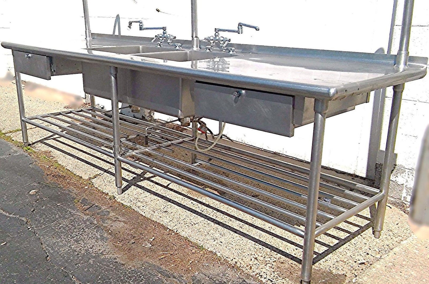RARE 2 BOWL DRAWERS FAUCET s HEAVY GAUGE STEEL COMMERCIAL SINK 115w x 33d & RACK