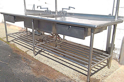 RARE 2 BOWL DRAWERS FAUCET s HEAVY GAUGE STEEL COMMERCIAL SINK 115w x 33d & RACK