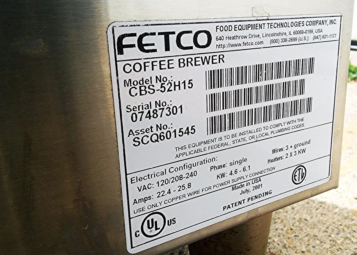 FETCO CBS-52H15 1.5 GALLON Coffee Machine BREW PERCULATOR