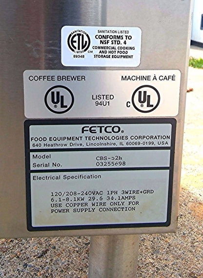 FETCO CBS-52H15 1.5 GALLON COFFEE MACHINE BREW PERCULATOR BREWER NSF FREE SHIP