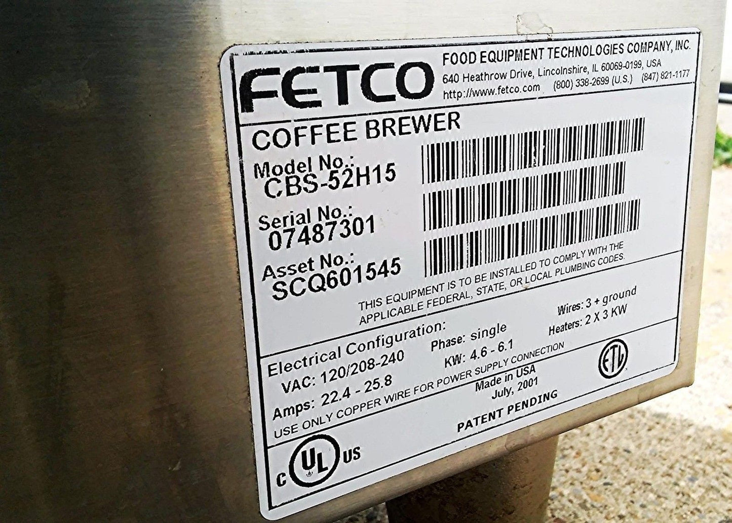 FETCO CBS-52H15 1.5 GALLON COFFEE MACHINE BREW PERCULATOR BREWER NSF FREE SHIP