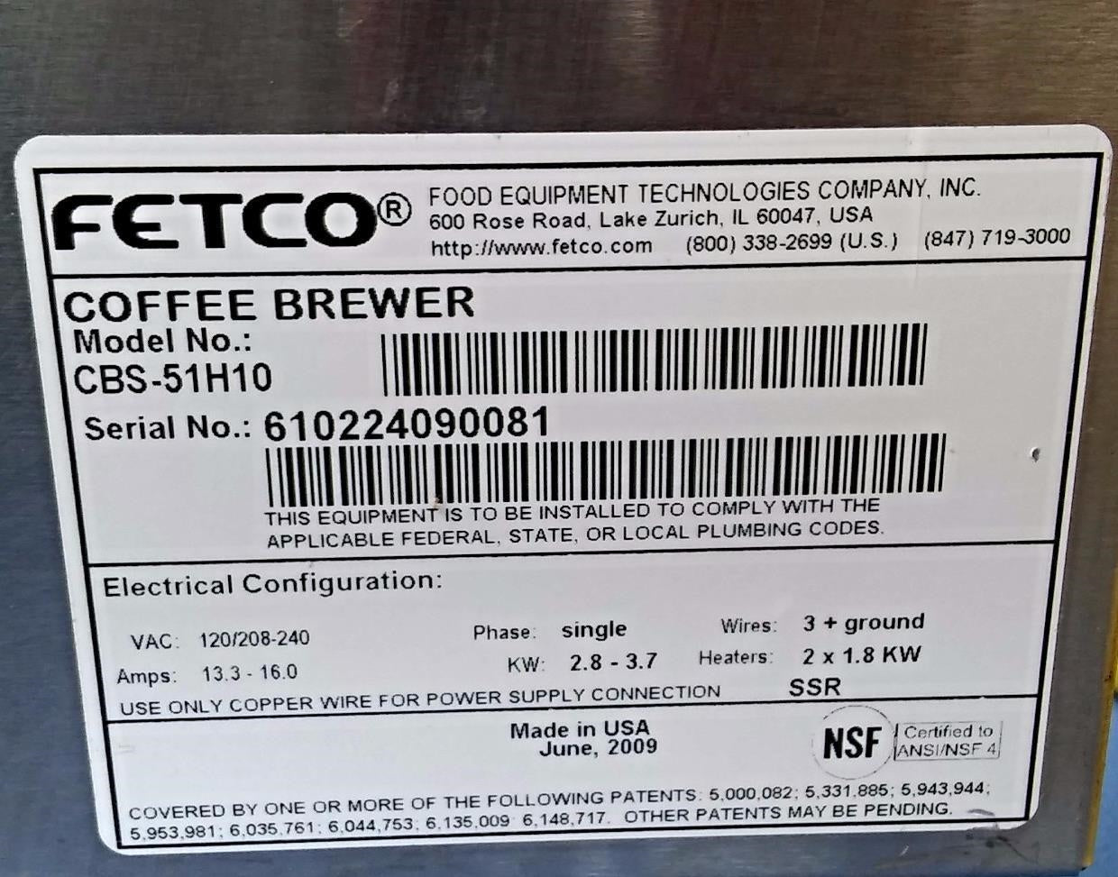 FETCO CBS-51H10 Single 1.0 Gallon Coffee Brewer & BONUS 2 WATER FILTER FREE SHIP