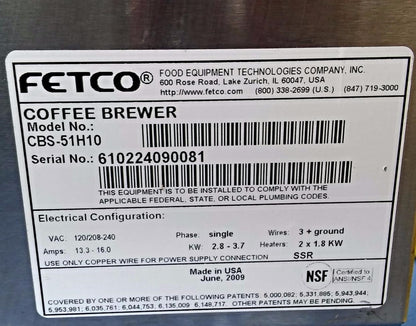 FETCO CBS-51H10 Single 1.0 Gallon Coffee Brewer & BONUS 2 WATER FILTER FREE SHIP