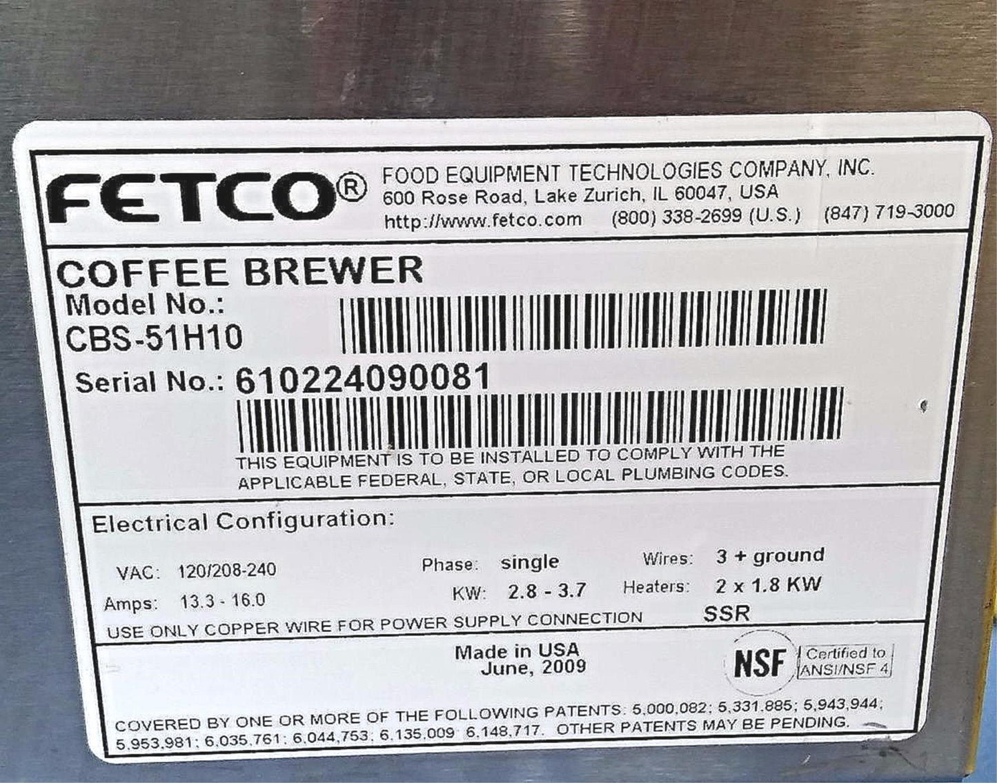 FETCO CBS-51H10 Single 1.5 Gallon Coffee Brewer 240V/1Phase 90DayWarran FREESHIP