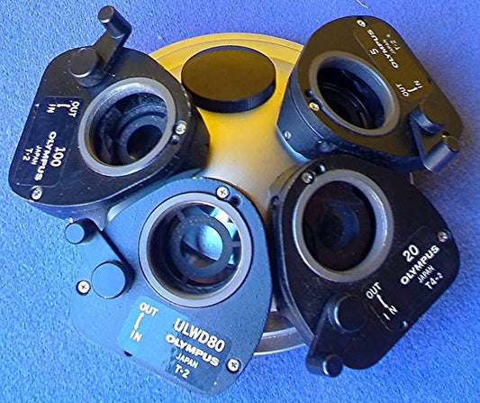 OLYMPUS TURRET with 5 / 20 / ULWD80 & 100 MICROSCOPE NORMARSI PRISM FREE SHIPPIN