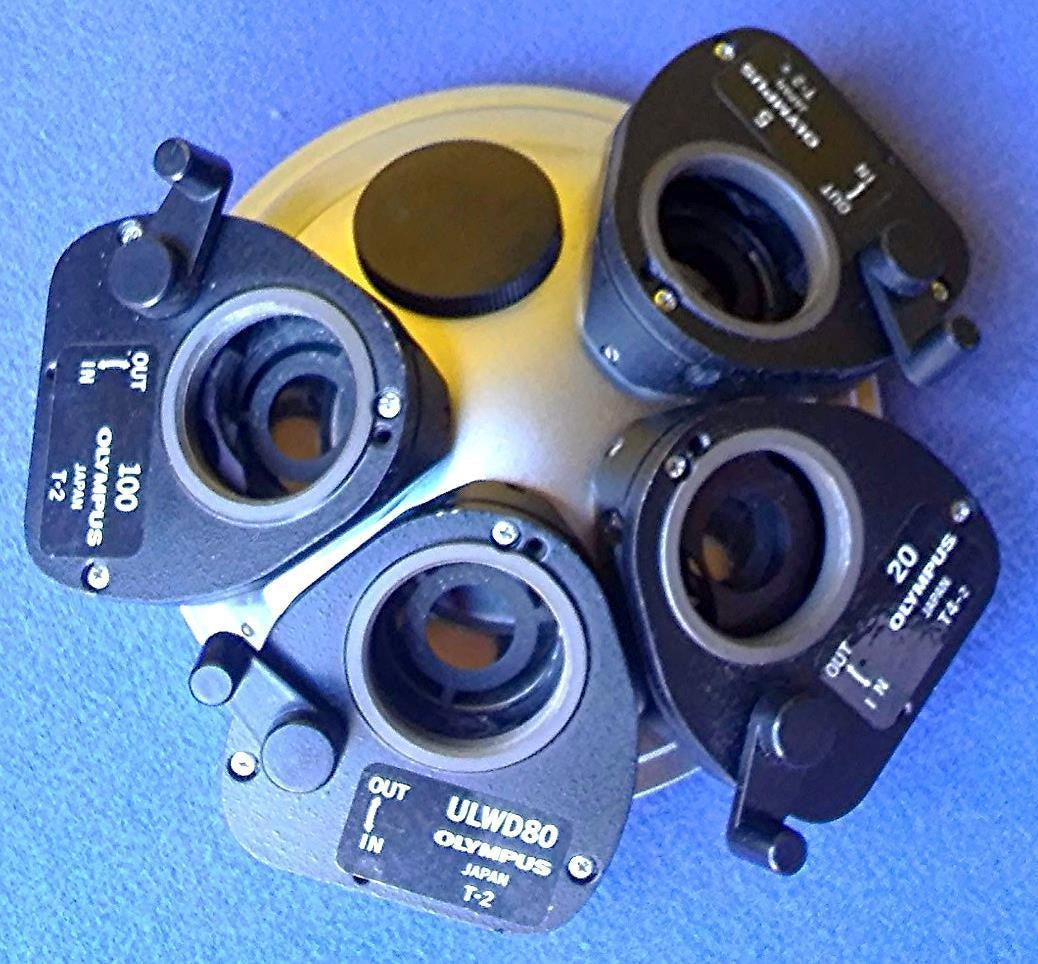 OLYMPUS TURRET with 5 / 20 / ULWD80 & 100 MICROSCOPE NORMARSI PRISM FREE SHIPPIN