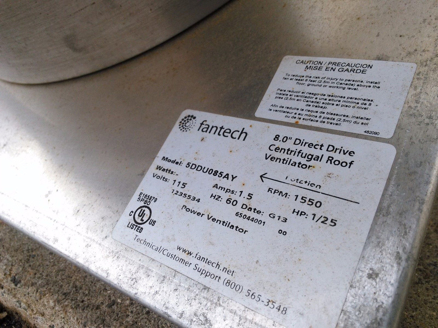 FANTECH 8" DIRECT DRIVE CENTRIFUGAL ROOF WALL UPBLAST VENTILATOR MODEL 5DDU085AY