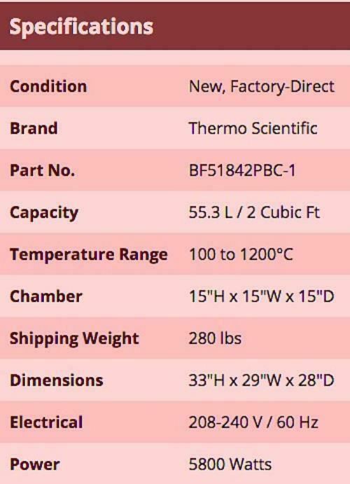 THERMO LINDBERG BLUE M BF51842PBC BOX FURNACE 55 Liter 25AMP 208Volt WATCH VIDEO