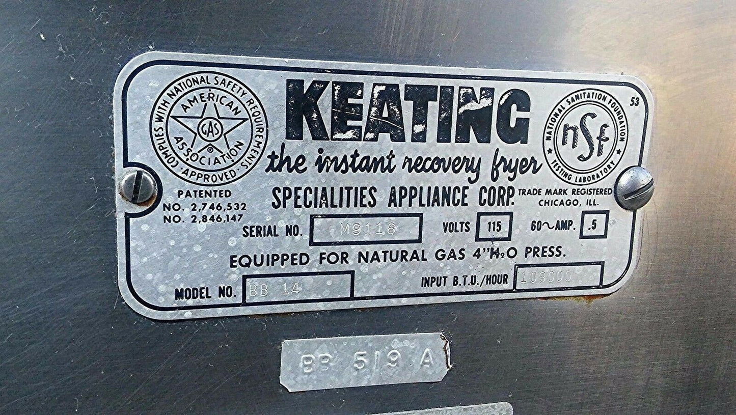 KEATING BB 14 INSTANT RECOVERY NATURAL GAS DEEP FRYER 109.000 BTU FREE SHIPPING