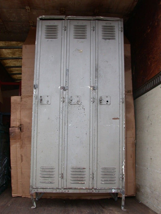 RARE VINTAGE METAL INDUSTRIAL DESIGN 3 LOCKER CABINET 80 1/2H x 37 1/2W x181/2D