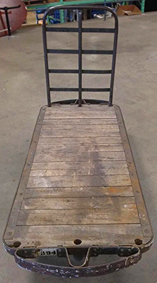 UNIQUE VINTAGE 7 FOOT LONG INDUSTRIAL STEAMPUNK OLD OAK WOOD CART METAL WHEELS