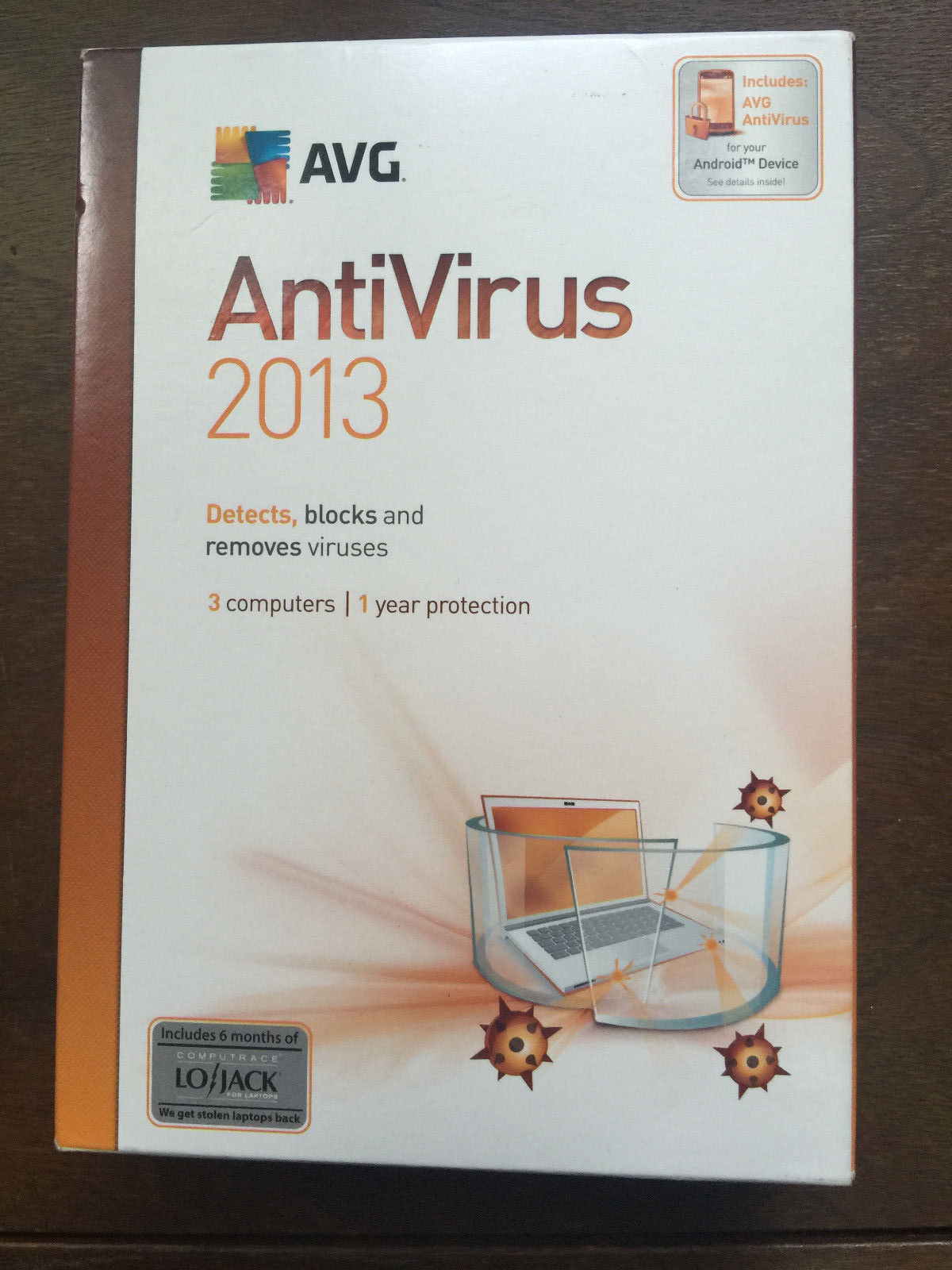 AVG  ANTIVIRUS  2O13 3 COMPUTERS 1 YEAR PROTECTION 6 MONTHS LO/JACK SEALED