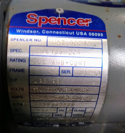 SPENCER VB-001SB-001 VBA90101 VORTEX REGENERATIVE BLOWER 90DayWarranty FREE SHIP