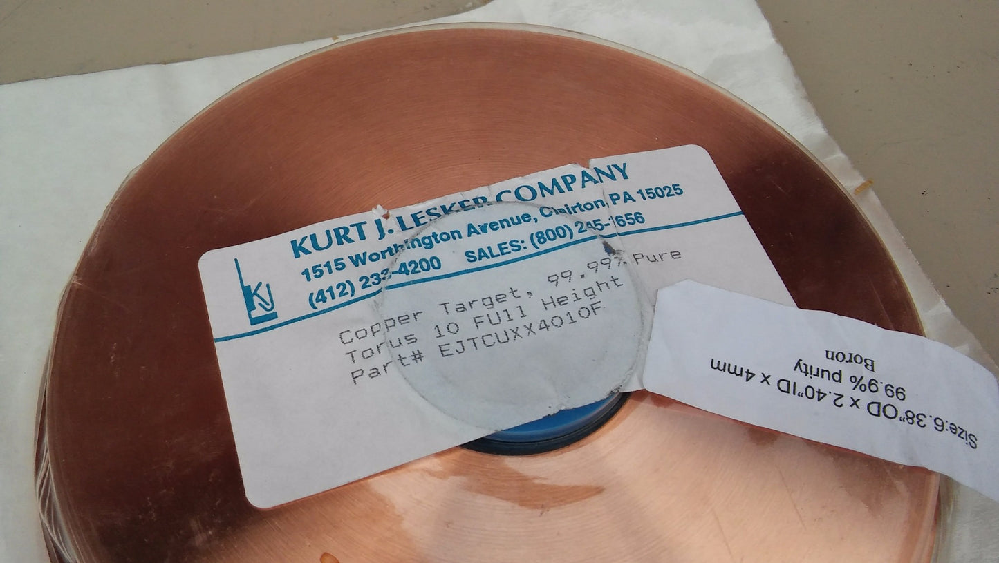 BRAND NEW KURT J LESKER COPPER TARGET SPUTTERING 6:38" x 2.40" ID x 4mm BOROM