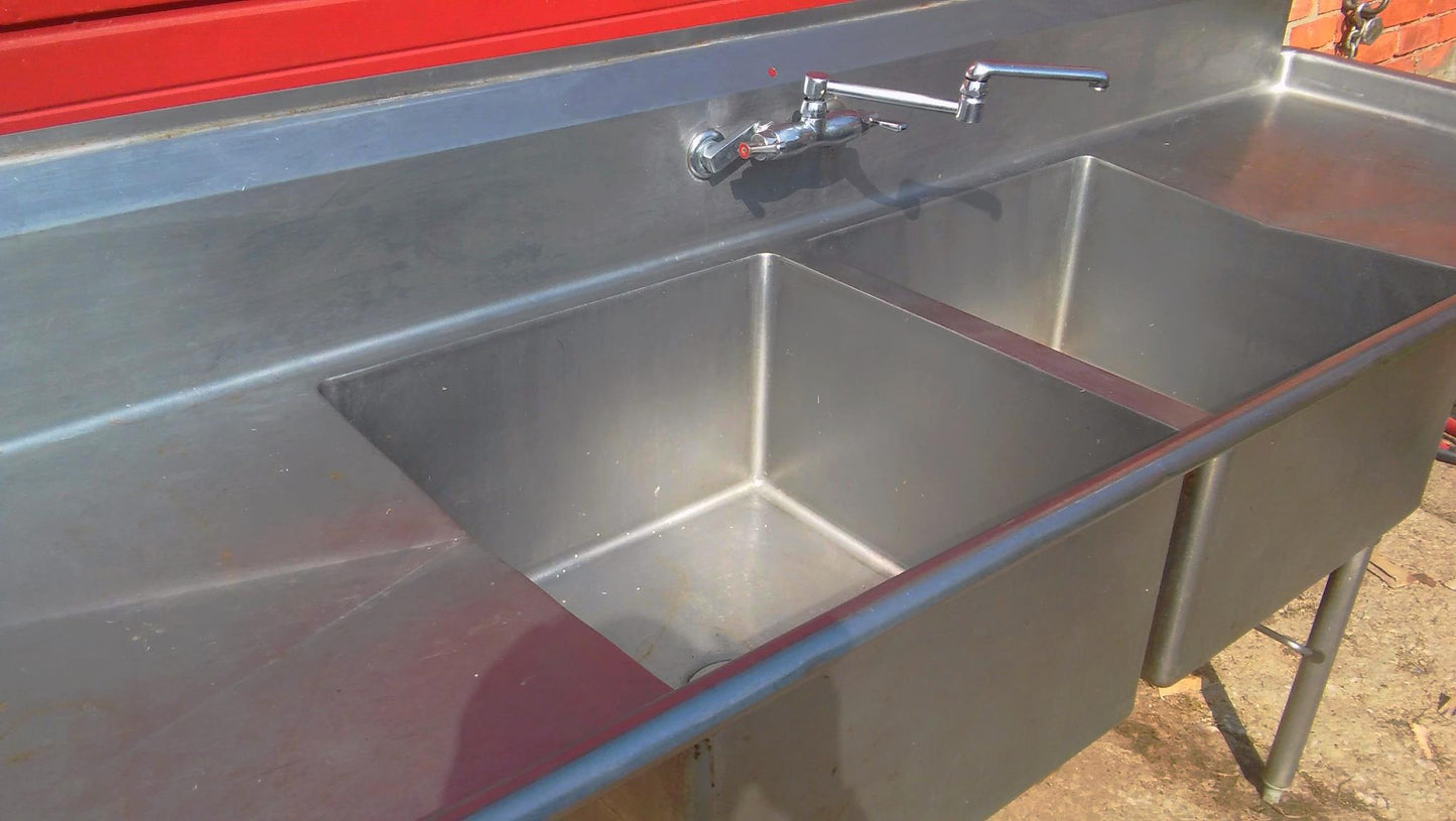 AERO 2 BOWL COMMERCIAL KITCHEN STEEL SINK 97w X 30.5d X 36"h FAUCET DRAIN PIPING