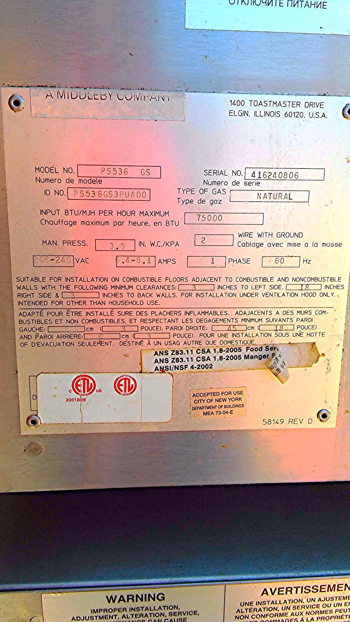 MIDDLEBY MARSHALL PS536 GS CONVEYOR PIZZA BAKE OVEN GAS TWOSTACK OVENS ON WHEELS