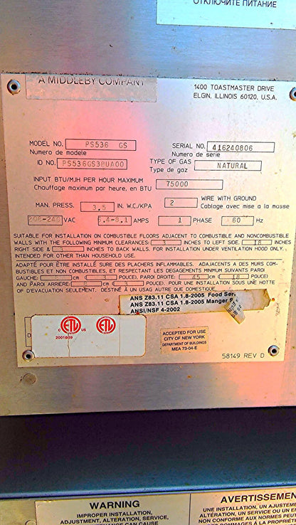 MIDDLEBY MARSHALL PS536 GS CONVEYOR PIZZA BAKE OVEN GAS TWOSTACK OVENS ON WHEELS